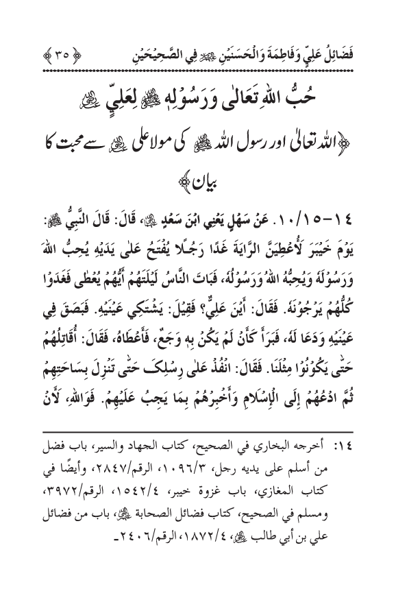 Arbain: Sahih Bukhari wa Sahih Muslim main Madhkoor Sayyiduna ‘Ali al-Murtada, Sayyida Ka’inat awr Hasanayn Karimayn (A.S.) ky Fada’il-o-Manaqib