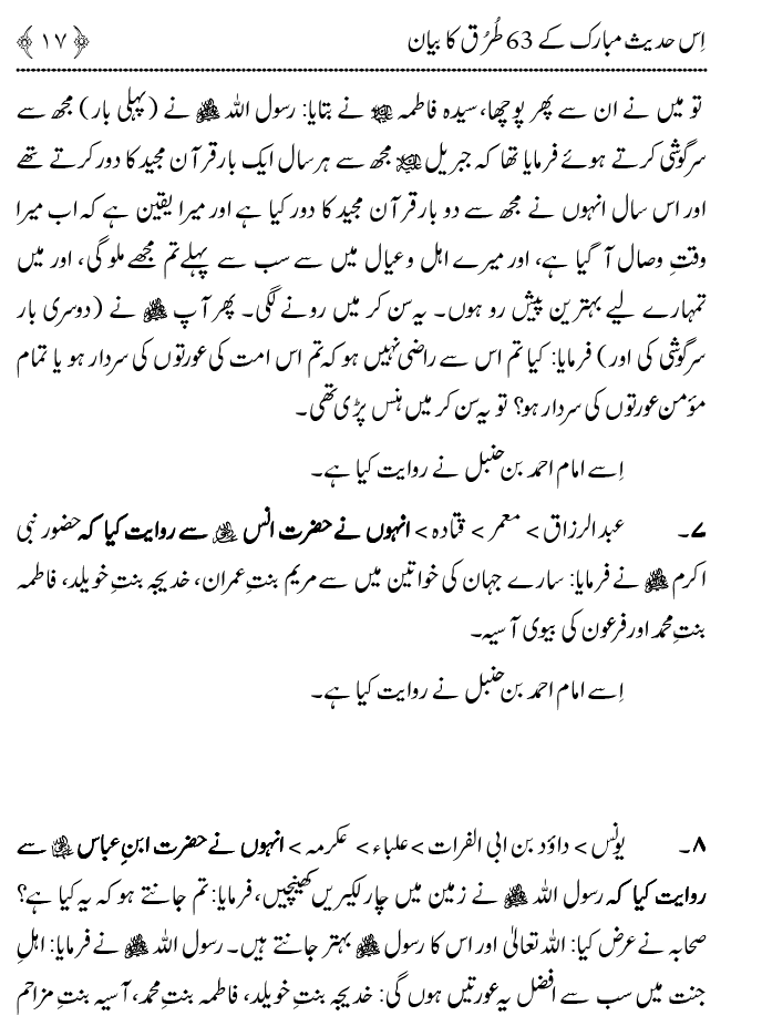 Fatima Tamam Jahanon ki Awraton ki Sardar hay—Is Hadith Mubarak ky 63 Turuq ka Bayan